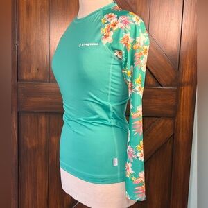 O'Rageous Modest Women's M Teal and Floral Long Sleeve Swim Cover Up Top UPF 50
